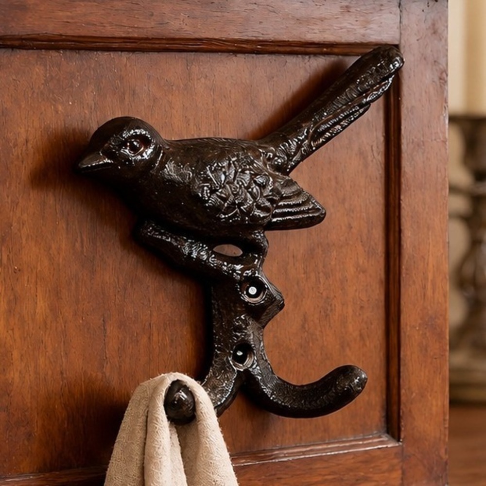 Heavy Cast Iron Bird Double Wall Hook 5.3" Rustic Cottage Farmhouse Decor